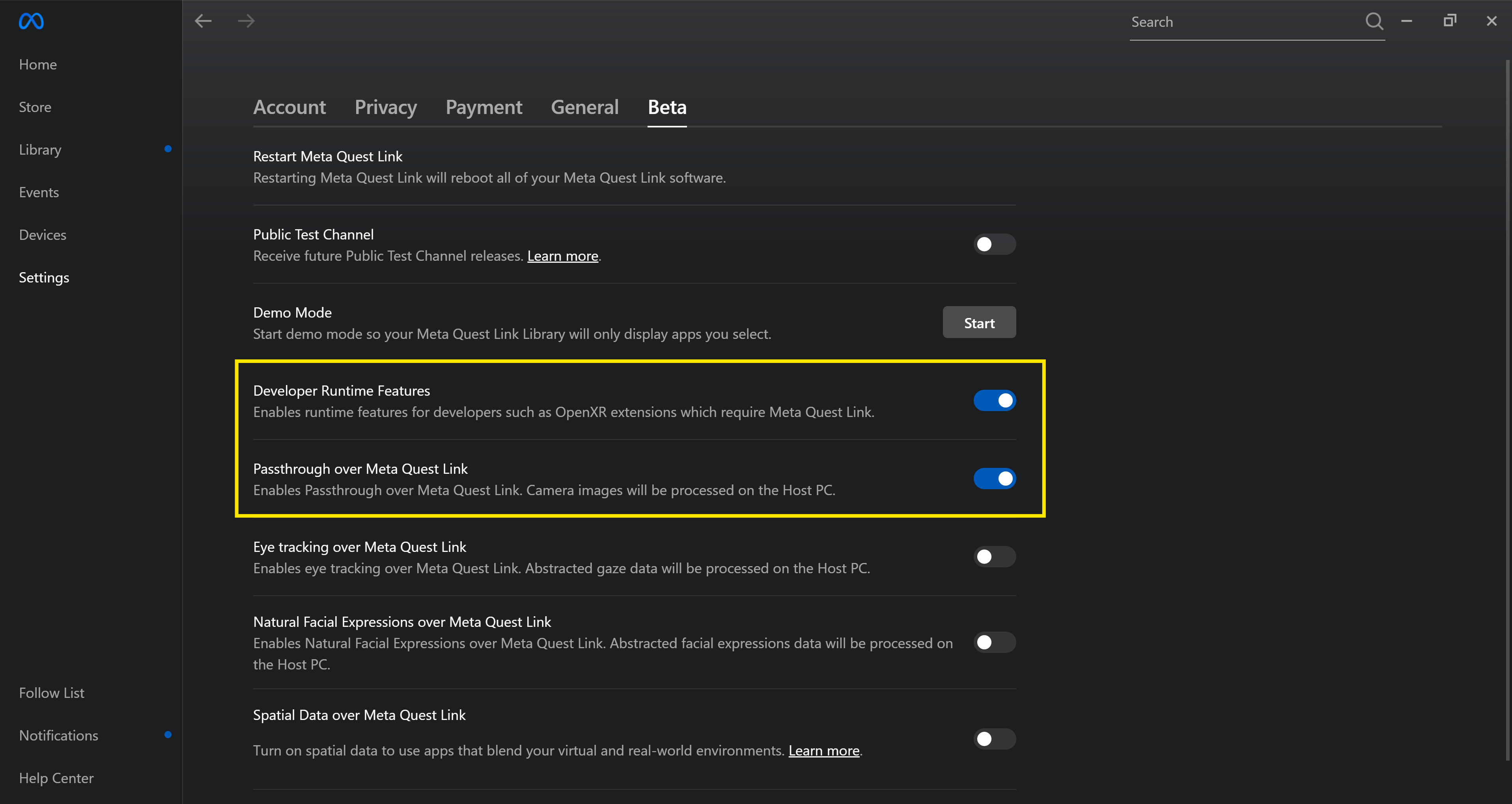 enable these options on the Oculus desktop app